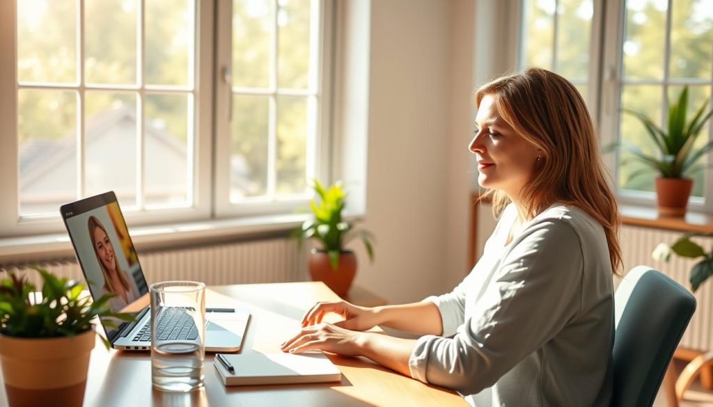 A bright, airy home office setting with a woman sitting at a desk, laptop open, engaged in an online video call with a nutrition coach. The coach's face is visible on the laptop screen. Warm, natural lighting streams in through large windows, creating a welcoming atmosphere. On the desk, a potted plant, a notebook, and a glass of water provide a sense of a healthy, productive workspace. The woman's expression is attentive, reflecting her interest in the nutrition advice being provided. The overall scene conveys the ease and convenience of online dietitian consultations.