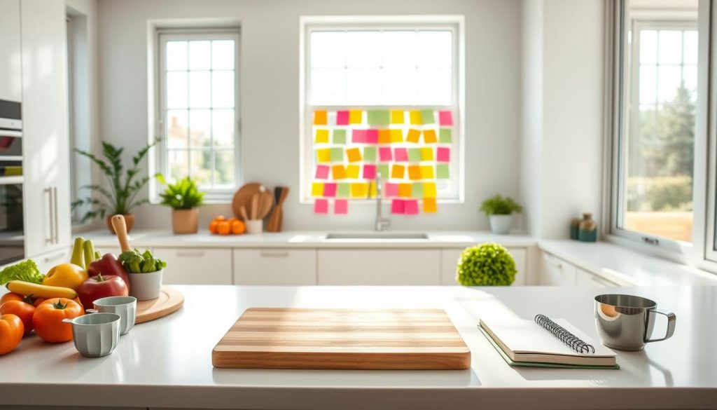 A bright, modern kitchen interior with a clean, minimalist design. In the foreground, a wooden cutting board sits on a sleek white countertop, surrounded by fresh produce, measuring cups, and a meal planning notebook. In the middle ground, the walls feature a tidy grid of colorful sticky notes and recipe cards, organized into a step-by-step meal planning guide. The background showcases large windows flooding the space with natural light, creating a warm, inviting atmosphere. The overall scene conveys a sense of organized, intentional meal preparation for healthy, nutritious eating.