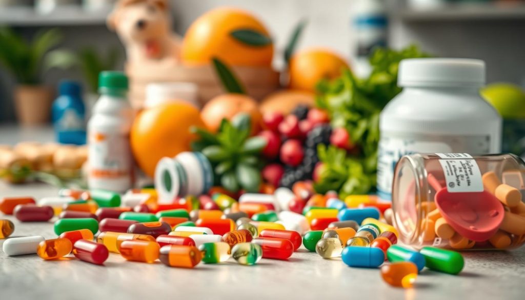 A close-up, high-resolution photograph of an assortment of essential daily vitamins and supplements, arranged artfully on a clean, neutral-colored surface. The foreground showcases various vitamin capsules, tablets, and soft gels in a range of colors, including vibrant reds, greens, and blues, against a backdrop of blurred, out-of-focus health and wellness items. The middle ground features a selection of nutritious fruits and vegetables, such as oranges, leafy greens, and berries, adding a natural, organic element. The lighting is soft and diffused, creating a warm, inviting atmosphere that emphasizes the importance and vitality of these daily essentials for overall health and well-being.