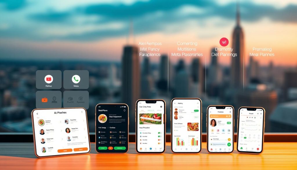 A detailed comparison of AI-powered diet planning tools, showcasing their unique features and capabilities. In the foreground, a sleek and modern digital dashboard displays various diet planning apps, each with its own icon and interface. In the middle ground, user profiles, meal plans, and nutritional data are neatly organized, highlighting the personalization and customization options. The background features a soft, blurred cityscape, symbolizing the integration of these tools into everyday life. Warm lighting and a clean, minimalist aesthetic create a visually appealing and informative composition.