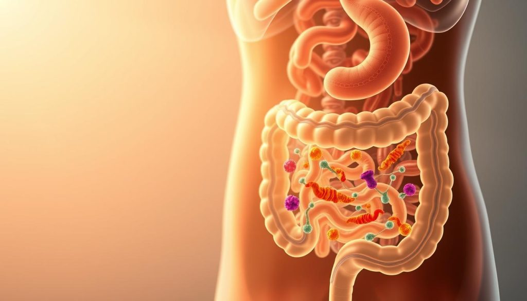 A detailed illustration of the human digestive system, showcasing the role of probiotics. In the foreground, a translucent cross-section of the gut, revealing the intricate network of microvilli and intestinal flora. Probiotics, depicted as vibrant, colorful microorganisms, are shown interacting with the gut lining, aiding in nutrient absorption and supporting overall digestive health. The middle ground features a stylized representation of the gut, with a serene, soft-focus backdrop of the abdominal region. Lighting is warm and diffused, creating a sense of calm and well-being. The composition emphasizes the harmony between the probiotics and the digestive system, conveying the importance of gut health and the beneficial effects of probiotic supplementation.