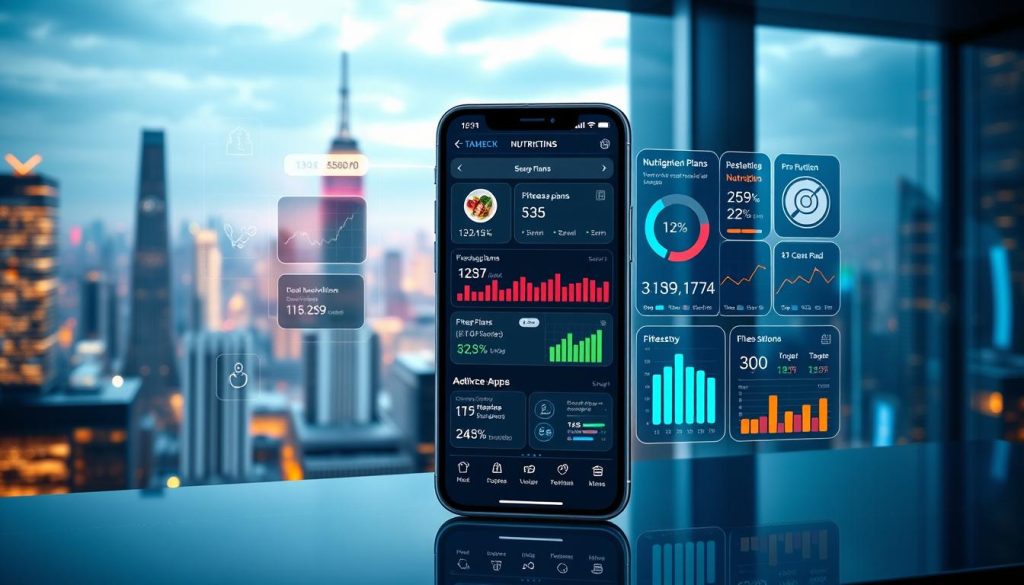 A futuristic digital dashboard showcasing the best AI-powered nutrition apps for 2025. In the foreground, a sleek smartphone display presents a range of personalized nutrition plans, meal recommendations, and fitness tracking features. In the middle ground, holographic icons and infographics illustrate the apps' advanced analytics and machine learning capabilities. The background features a panoramic cityscape with gleaming skyscrapers, reflecting the cutting-edge technology and urban lifestyle of the year 2025. The lighting is a balanced mix of cool tones and warm accents, creating a modern, sophisticated atmosphere. The camera angle is a dynamic, three-quarter view, highlighting the depth and interactivity of the digital experience.