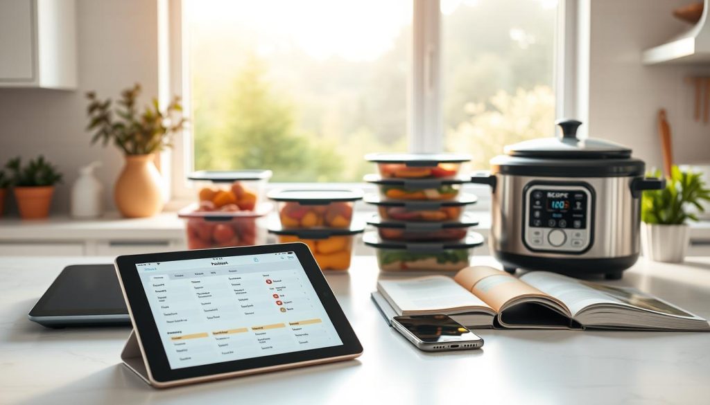 A modern, minimalist kitchen counter filled with an assortment of smart meal planning tools. In the foreground, a sleek tablet displaying a meal planner app with customizable dietary filters. Beside it, a digital kitchen scale and a smartphone with a recipe app open. In the middle ground, a neatly arranged set of reusable meal prep containers, a programmable slow cooker, and a digital recipe book. The background features a large window overlooking a tranquil garden, bathing the scene in warm, natural lighting. The overall atmosphere is clean, organized, and focused on efficiency for home cooks with specialized dietary needs.