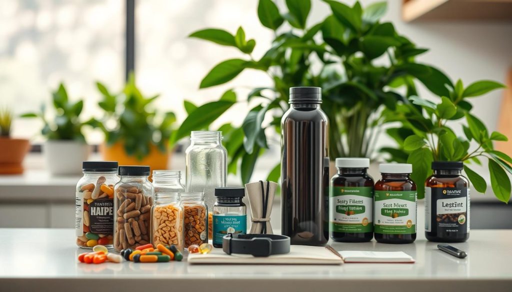 A modern, well-lit kitchen countertop displaying an assortment of dietary supplements. In the foreground, glass bottles and capsules of various vitamins, minerals, and herbal extracts are arranged in a visually appealing manner. The middle ground features a reusable water bottle, a fitness tracker, and a small notebook, suggesting a holistic approach to wellness. The background showcases lush green plants, providing a fresh, natural ambiance. The lighting is soft and diffused, creating a warm, inviting atmosphere. The overall scene conveys a sense of mindfulness, balance, and a commitment to a healthy lifestyle.