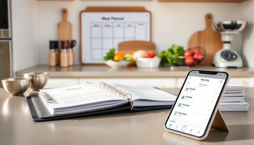 A neatly organized kitchen counter displays an array of smart meal planning tools. In the foreground, a sleek tablet or smartphone showcases a meal planning app with a clean, intuitive interface. Next to it, a stylish recipe binder and a set of measuring cups and spoons reflect the thoughtful preparation of healthy meals. In the middle ground, a weekly meal planner whiteboard and a stack of recipe cards suggest a structured approach to meal planning. The background features a cutting board, a bowl of fresh produce, and a modern kitchen scale, hinting at the fresh, wholesome ingredients used in the recipes. The scene is illuminated by natural light, creating a bright, airy atmosphere that evokes a sense of culinary inspiration and efficiency.
