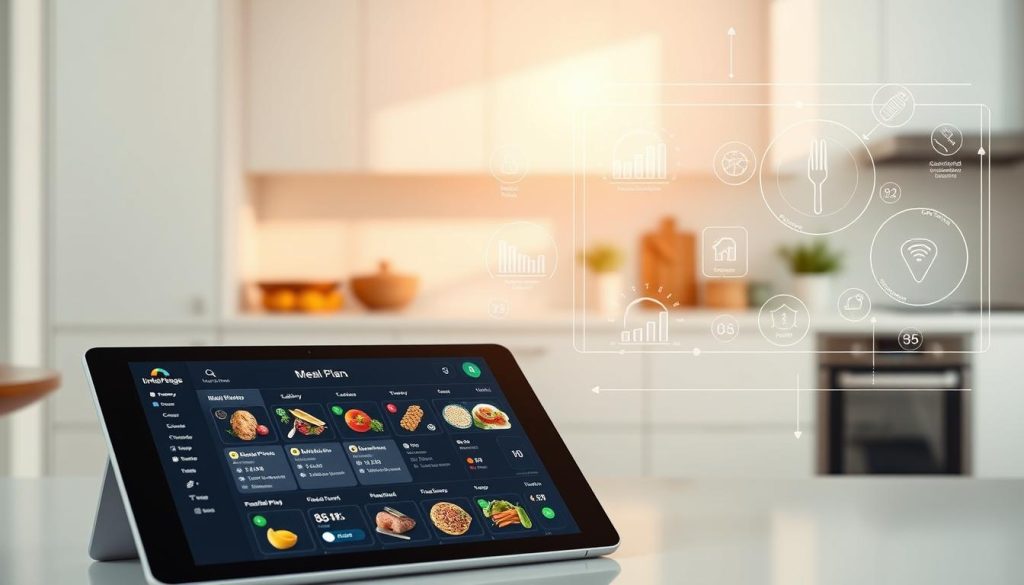 A sleek, intuitive interface showcases an intelligent meal planning software, its minimalist design highlighting a range of personalized dietary options. In the foreground, a tablet displays a user's daily meal plan, complete with calorie counts, nutrient breakdowns, and customizable preferences. The middle ground features holographic icons and infographics, dynamically updating with real-time data to optimize the plan. The background depicts a clean, modern kitchen, bathed in warm, natural lighting, suggesting the seamless integration of the software into everyday life. The overall atmosphere conveys a sense of effortless control and empowerment, enabling the user to achieve their health and fitness goals through a personalized, AI-driven approach.