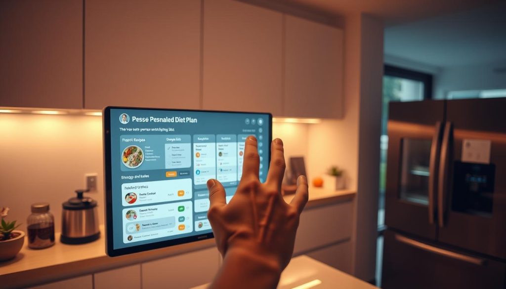 A sleek, modern kitchen with state-of-the-art appliances and a large touchscreen display. The display shows a personalized diet plan, complete with recommended recipes, shopping lists, and nutrition information. In the foreground, a hand hovers over the screen, navigating the AI-powered interface. Warm, indirect lighting casts a soft glow over the scene, creating an atmosphere of focused efficiency and personal wellness. The background features a clean, minimalist design with hints of natural elements, such as potted plants or a window overlooking a serene outdoor space.