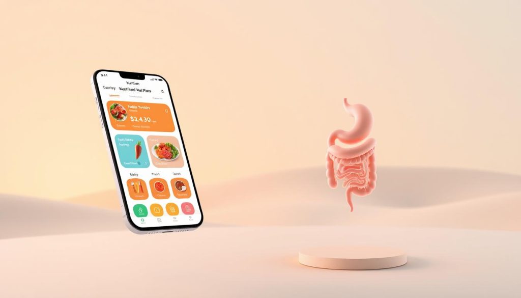 A sleek, modern nutrition app interface floating in a serene, minimalist environment. In the foreground, a holographic display showcases personalized meal plans and nutrient tracking, with vibrant icons and clean typography. In the middle ground, a 3D model of the human digestive system rotates gently, highlighting the AI-powered analysis of the user's dietary intake. The background features a soft, gradient-filled landscape, suggesting the harmony between technology and natural wellness. Warm, directional lighting casts a gentle glow, creating a sense of calm and focus. The overall scene conveys the power of AI to provide comprehensive, tailored nutrition guidance for a healthier, more balanced lifestyle.