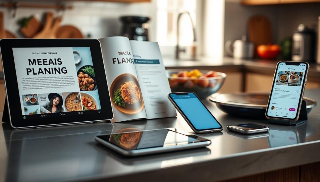 A stylish kitchen counter with a selection of smart meal planning tools, including a modern tablet, a cookbook, a meal planning app, a digital kitchen scale, and a sleek smartphone. The scene is bathed in warm, natural lighting, with a subtle background of blurred cooking ingredients and appliances. The overall atmosphere conveys a sense of organization, efficiency, and the joy of home cooking.
