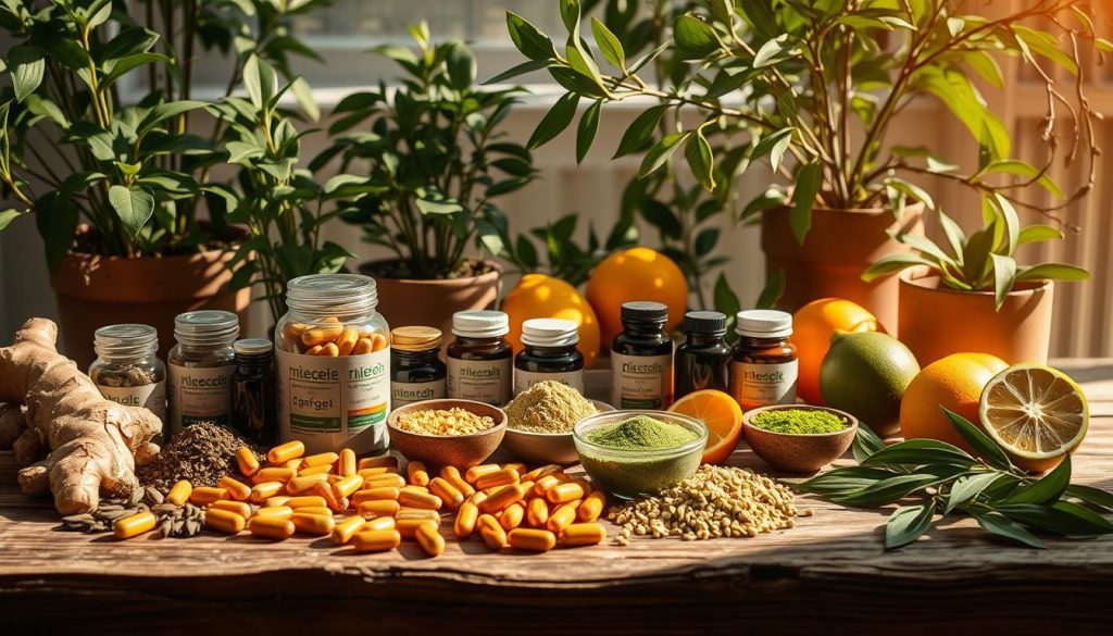 A sun-drenched still life arrangement showcasing a variety of natural supplements for energy and vitality. In the foreground, an array of herbal capsules, powders, and tinctures in earthy hues are meticulously arranged on a rustic wooden table. The middle ground features fresh ginger roots, green matcha tea leaves, and vibrant citrus fruits like oranges and lemons, all casting soft shadows. In the background, lush greenery, such as potted plants and leafy branches, create a serene, nature-inspired ambiance. The lighting is warm and diffused, evoking a sense of health, wellness, and natural rejuvenation. The overall composition is balanced, inviting the viewer to explore the natural remedies and consider incorporating them into their daily routine.