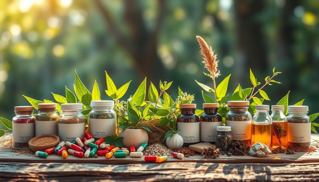 A vibrant still life arrangement showcasing an assortment of natural energy supplements. In the foreground, an array of colorful capsules, powder-filled jars, and herbal tinctures are meticulously arranged on a rustic wooden surface, bathed in warm, natural lighting. In the middle ground, lush green leaves and earthy botanicals frame the supplements, creating a serene, nature-inspired atmosphere. The background features a blurred, out-of-focus scene, hinting at a serene outdoor setting, perhaps a sun-dappled forest or a tranquil meadow, to emphasize the organic, rejuvenating qualities of the supplements.