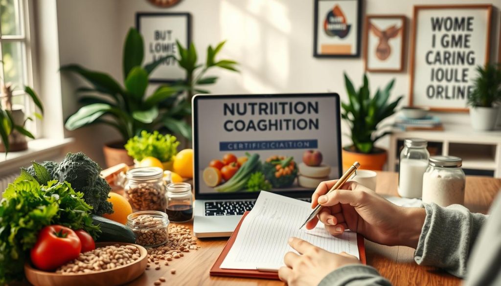 A warm, well-lit home office scene with a laptop displaying an online nutrition coaching certification program, surrounded by healthy food items like fresh produce, whole grains, and nutritional supplements. In the foreground, a person's hands are taking notes on a clipboard, demonstrating active engagement with the course materials. The background features plants, motivational artwork, and natural lighting streaming through a window, creating a serene and wellness-focused atmosphere. The overall composition conveys a sense of professionalism, expertise, and a commitment to holistic health and nutrition.