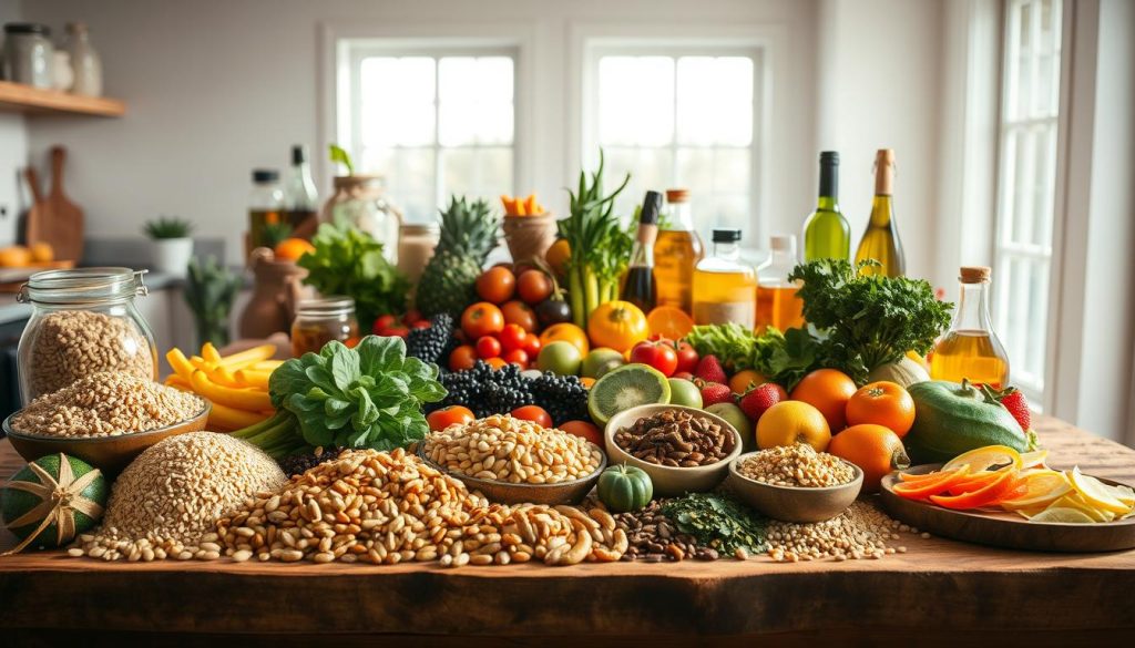 A well-stocked kitchen with an array of vibrant, nutrient-dense functional foods. In the foreground, an assortment of whole grains, legumes, nuts, and seeds arranged artfully on a rustic wooden surface, bathed in warm, natural lighting. The middle ground features an array of fresh produce, including leafy greens, berries, and citrus fruits, complemented by jars of fermented foods and bottles of healthy oils. In the background, a minimalist, airy space with large windows allowing ample natural light to filter in, creating a serene, inviting atmosphere. The overall composition conveys a sense of balance, abundance, and the simple pleasures of a functional foods-focused diet.
