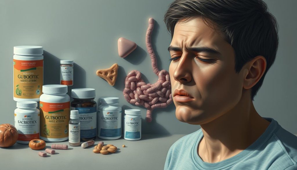 An intricate and realistic digital painting depicting the potential side effects of a probiotic regimen. The foreground features a person experiencing gastrointestinal discomfort, with subtle facial expressions and body language conveying unease. The middle ground showcases various probiotic supplements and gut-related items, each rendered with a high level of detail. The background is a serene, muted environment, allowing the central focus to remain on the person and the probiotics. The lighting is soft and natural, creating a sense of balance and harmony. The overall composition and color palette evoke a sense of contemplation and mindfulness, aligning with the article's theme of monitoring progress and potential side effects.