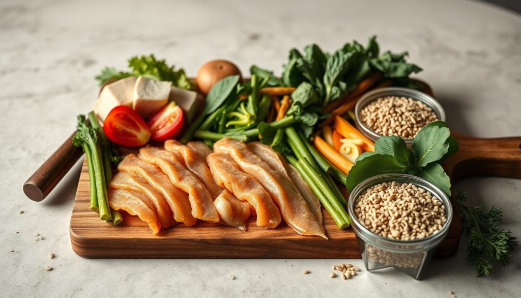 Bespoke meal prep for fitness: a meticulously crafted still life captured in soft, natural lighting. A wooden cutting board showcases an array of fresh, vibrant ingredients - lean protein, crisp vegetables, whole grains. Customized portions are neatly arranged, highlighting the precision and intention behind each selection. The composition evokes a sense of wellness and discipline, with a muted color palette and clean, minimalist styling. The image suggests the synergy of a tailored nutrition plan and an active lifestyle, presented in an aspirational yet approachable manner.