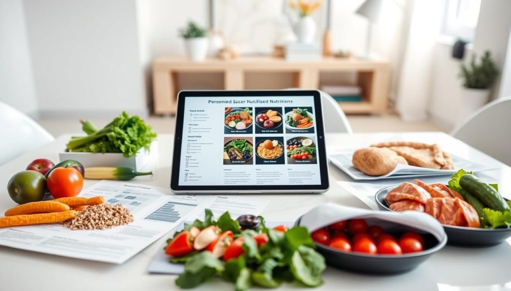 Detailed personalized nutrition plans laid out on a clean, modern desk. In the foreground, healthy meal components like fresh produce, whole grains, and lean proteins arranged neatly. In the middle, a tablet or laptop displaying customized diet recommendations based on individual health data and goals. The background features a light, airy room with minimalist decor and natural lighting, creating a calm, focused atmosphere. The overall scene conveys a sense of personalized wellness and guidance towards effortless weight loss.