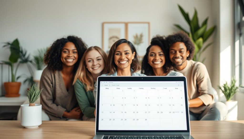 Prompt A serene, well-lit office setting, featuring a group of diverse, approachable nutrition coaches engaging with clients via video conference. The coaches exude a warm, knowledgeable demeanor, their faces lit with a soft, natural light. In the foreground, a laptop displays a neatly organized calendar, hinting at the coaches' expertise in personalized nutrition planning. The background showcases a minimalist, calming decor, with plants and subtle artwork creating a welcoming ambiance. The overall scene conveys a sense of professionalism, empathy, and a dedication to helping clients achieve their unique health and wellness goals.