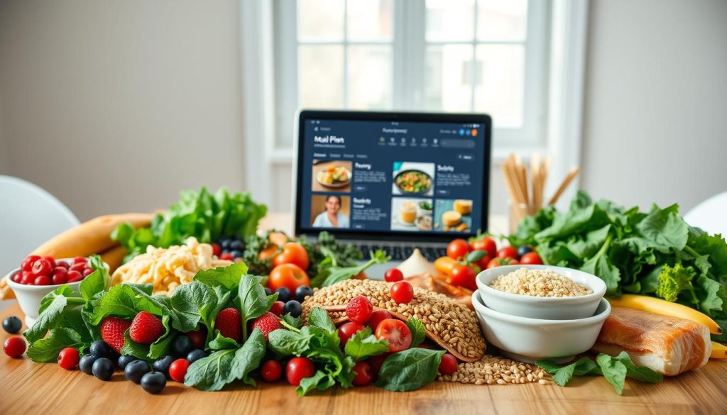 Tailored meal plans for healthy weight loss, displayed on a wooden table against a minimalist, light-filled backdrop. In the foreground, an assortment of fresh, vibrant ingredients - leafy greens, berries, whole grains, and lean proteins - arranged in a visually appealing manner. In the middle ground, a laptop or tablet showcases a digital meal plan interface, with customizable options and personalized recommendations. The lighting is soft and natural, highlighting the textures and colors of the food. The overall atmosphere conveys a sense of wellness, balance, and the ease of achieving weight loss goals through a tailored, healthy approach.