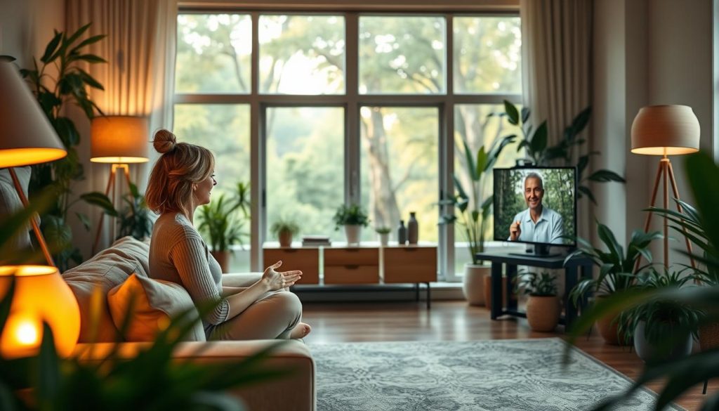 a lush, serene virtual wellness coaching session with a warm, focused atmosphere. In the foreground, a wellness coach sits cross-legged on a comfortable couch, gesturing warmly to the client on a video call. Warm lighting from floor lamps creates a cozy ambiance. In the middle ground, a minimalist, plant-filled home office with a large window overlooking a peaceful nature scene. In the background, a soft, blurred forest landscape with dappled sunlight filtering through the trees. The overall mood is one of tranquility, connection, and empowerment.